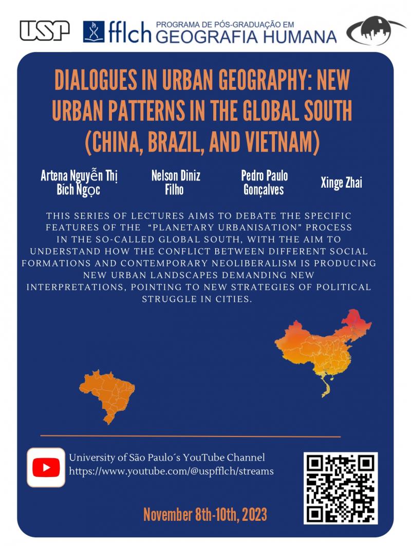Imagem com o título do evento, o descritivo, nome das pessoas palestrantes e a posição do Brasil, China e Vietnã no mapa-mundi em cor alaranjada.