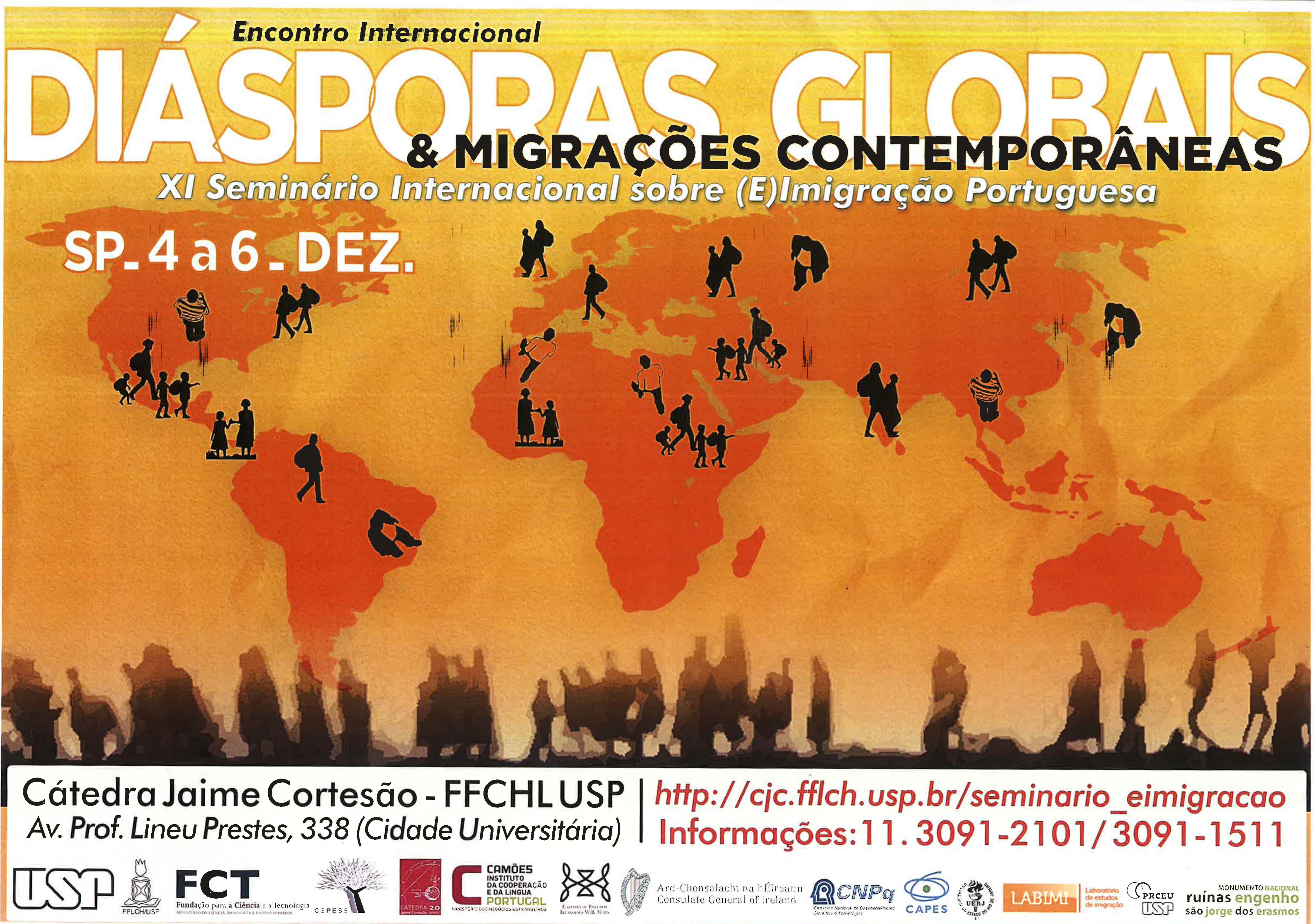 Cartaz com o texto "Diásporas Globais e Migrações Contemporâneas" e uma imagem dos continentes com a silhuetas de pessoas em diferentes lugares ao mesmo tempo