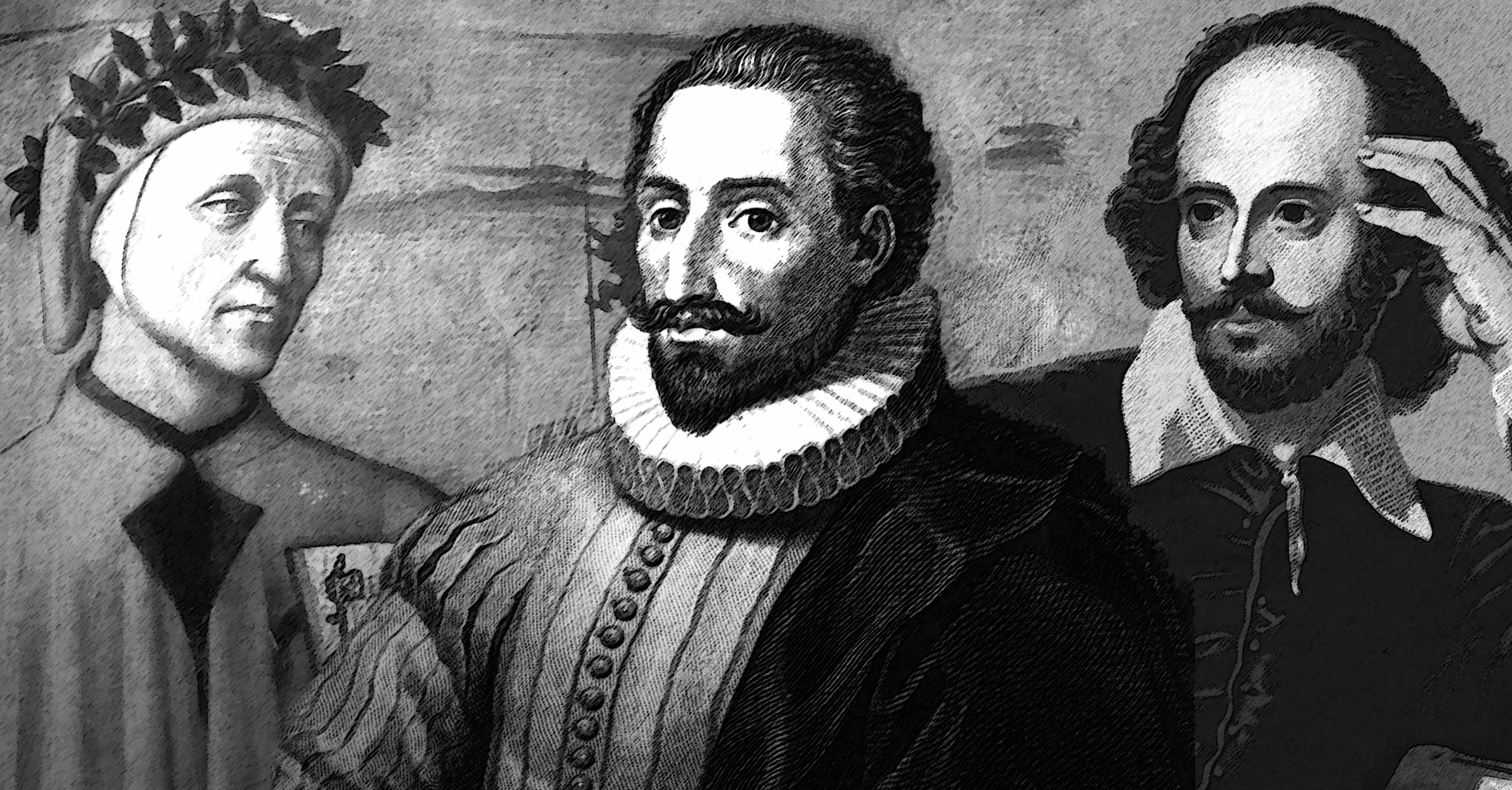 Da esquerda para a direita: Dante Alighieri, Miguel de Cervantes e William Shakespeare.