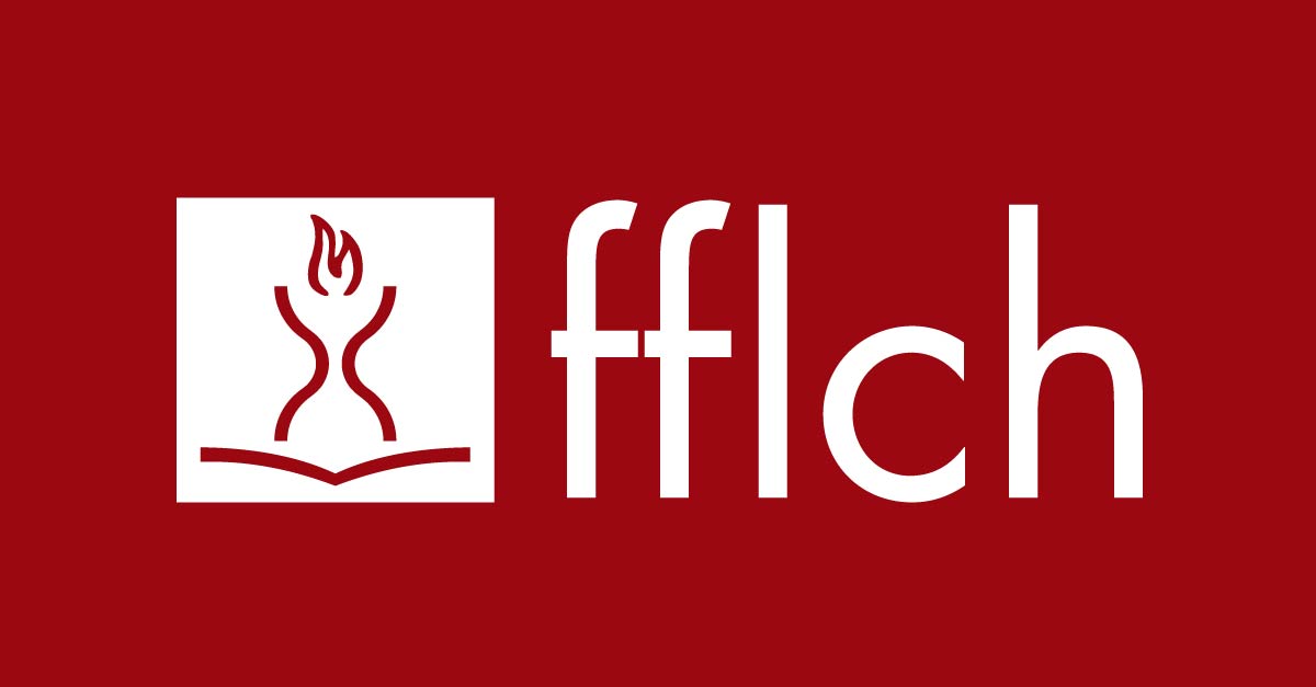 Símbolo da FFLCH com a ampulheta, livro e a chama em um fundo vermelho