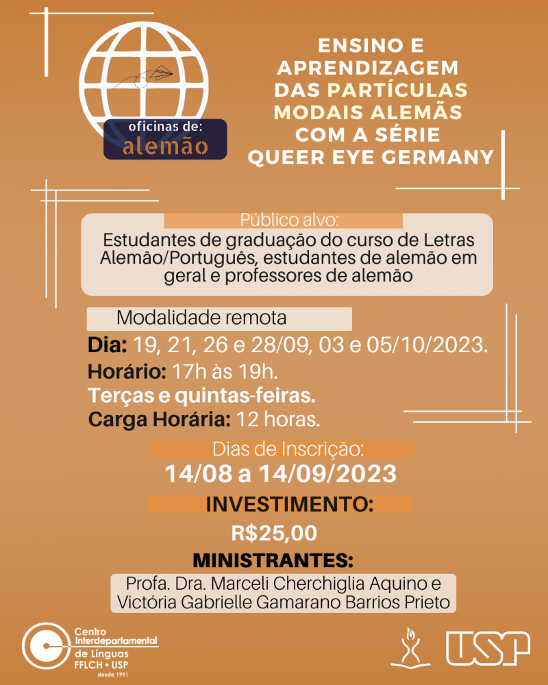 Cartaz de divulgação da oficina: Ensino e Aprendizagem das Partículas Modais Alemãs com a Série Queer Eye Germany