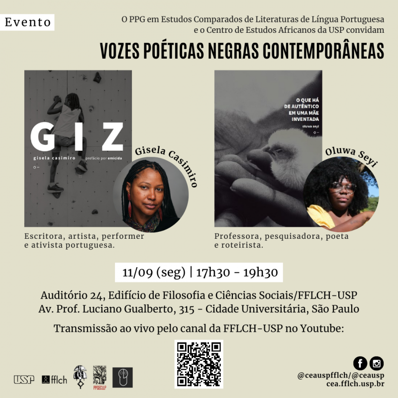Vozes poéticas negras contemporâneas, com as autoras Gisela Casimiro e Oluwa Seyi