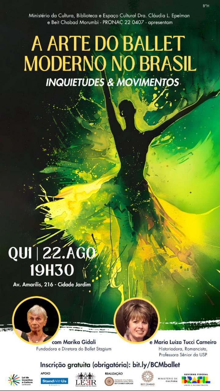 Cartaz de divulgação da palestra com imagem de bailarina em cor verde ao fundo. 