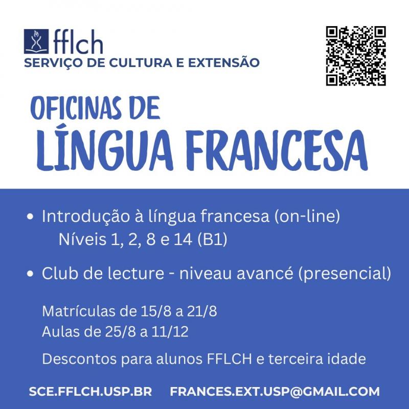 Imagem branca e azul com as informações sobre as oficinas de língua francesa
