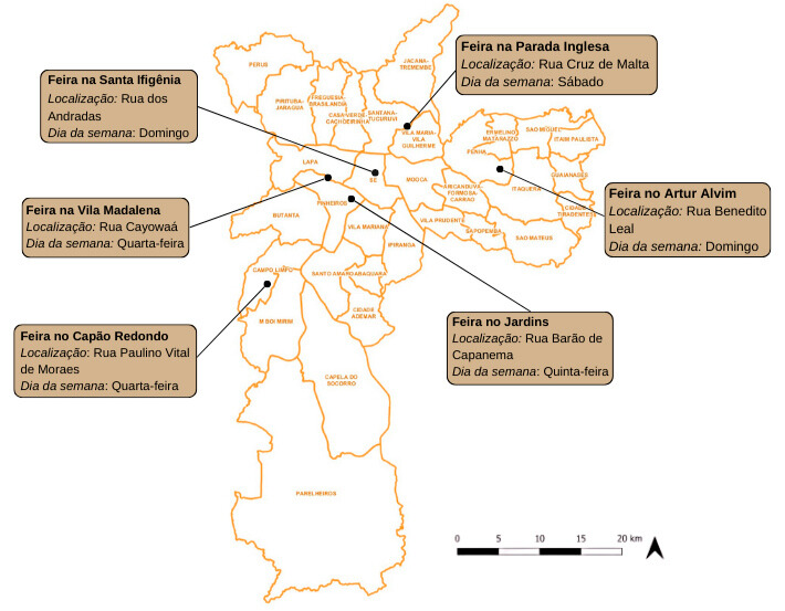 Mapa mostra as seis feiras abordadas no estudo