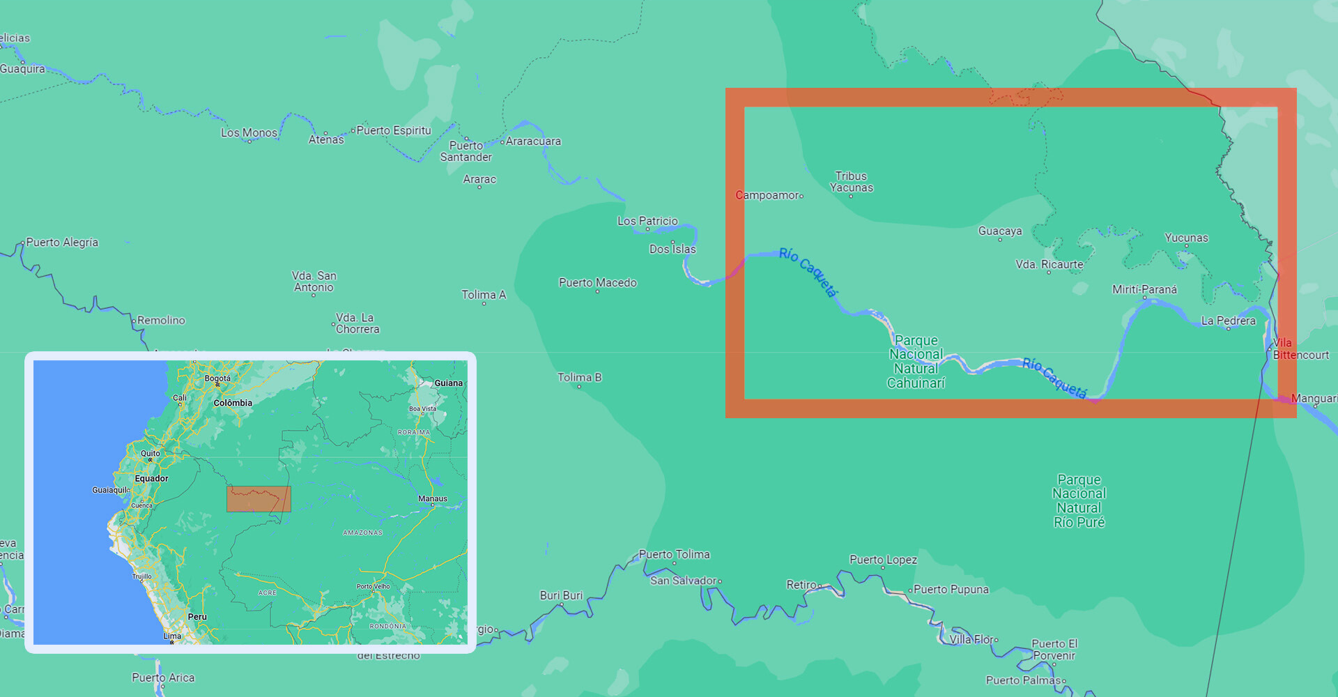 Mapa mostra a região do baixo Caquetá. Imagem: montagem a partir do Google Maps