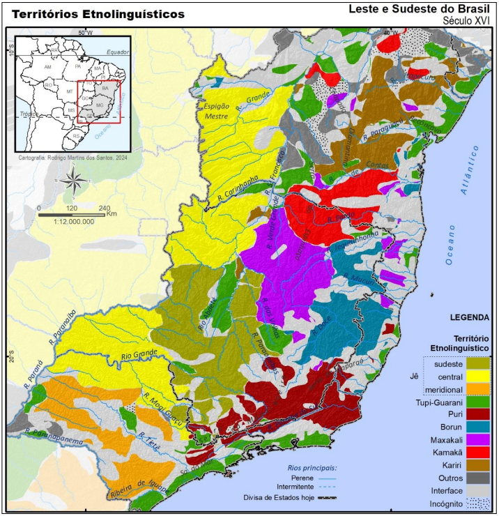 Territórios etnolinguísticos no século 16\. Reprodução: Tese/ Rodrigo Martins dos Santos