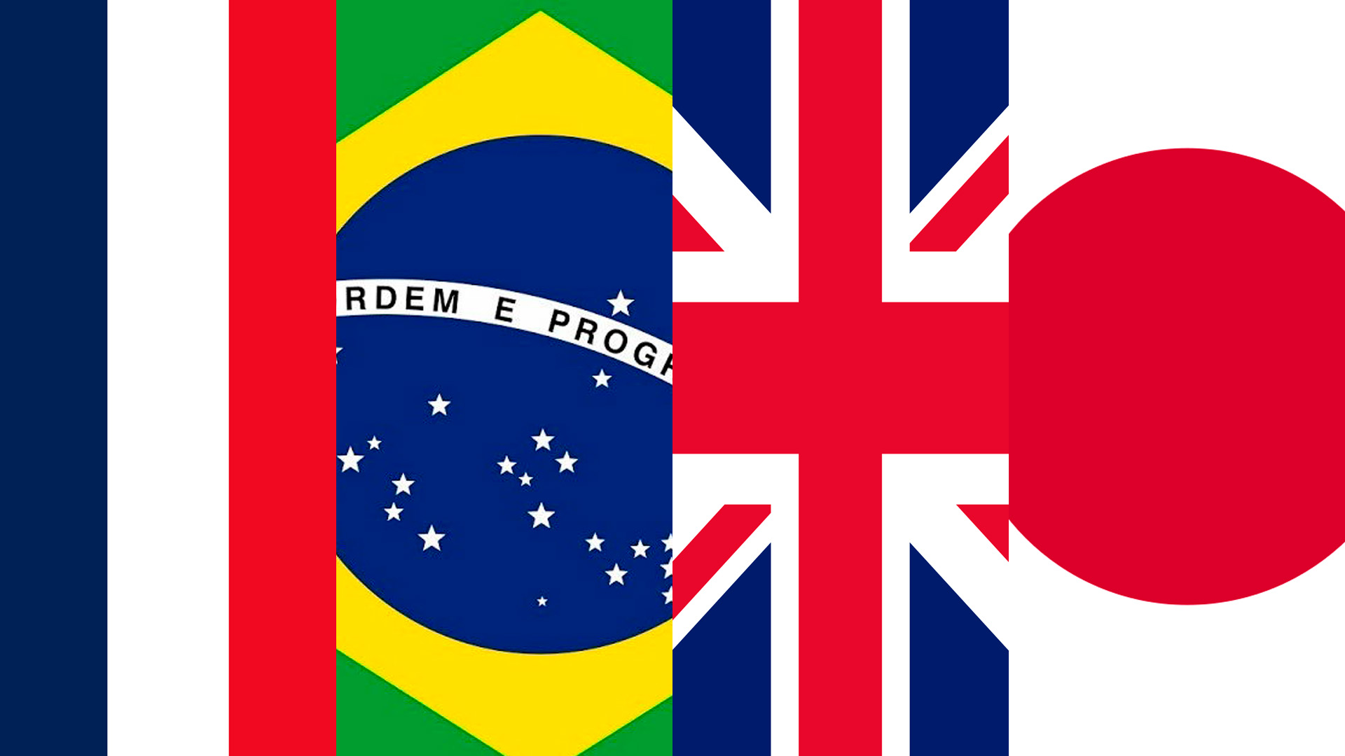 Imagem em que as bandeiras da França, Brasil, Reino Unido e Japão apacem unidas