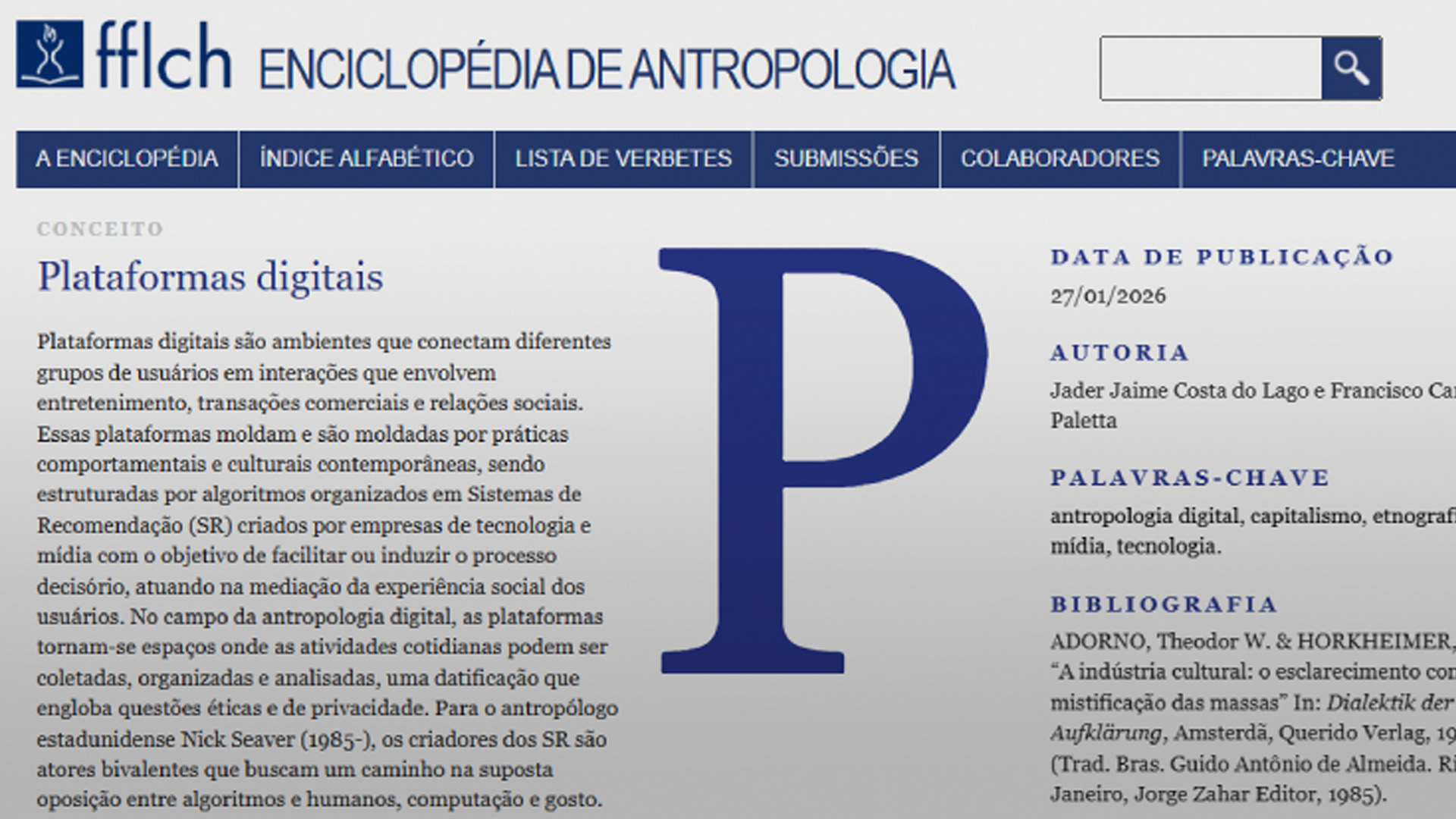 Detalhe da página com o verbete da enciclopédia – Foto: Reprodução/EA FFLCH