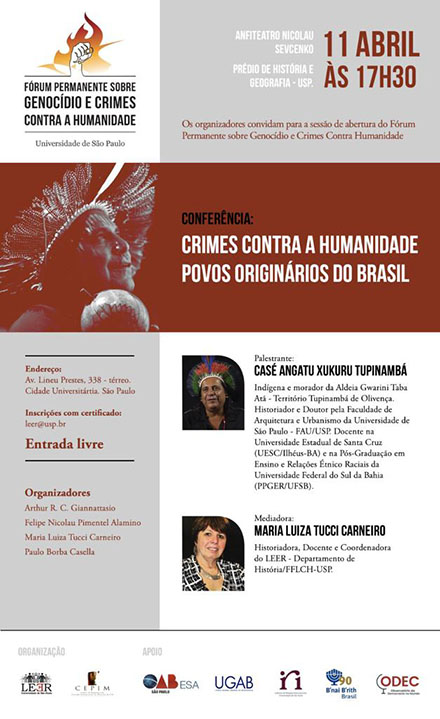 cartaz divulgação conferência Crimes contra a humanidade - povos originários do Brasil