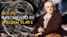 Capa mostra uma pintura de William Blake com o fundo de uma ilustração feita por ele. Na imagem, está escrito: Hoje na História, 28/11/1857, Nascimento de William Blake, FFLCH